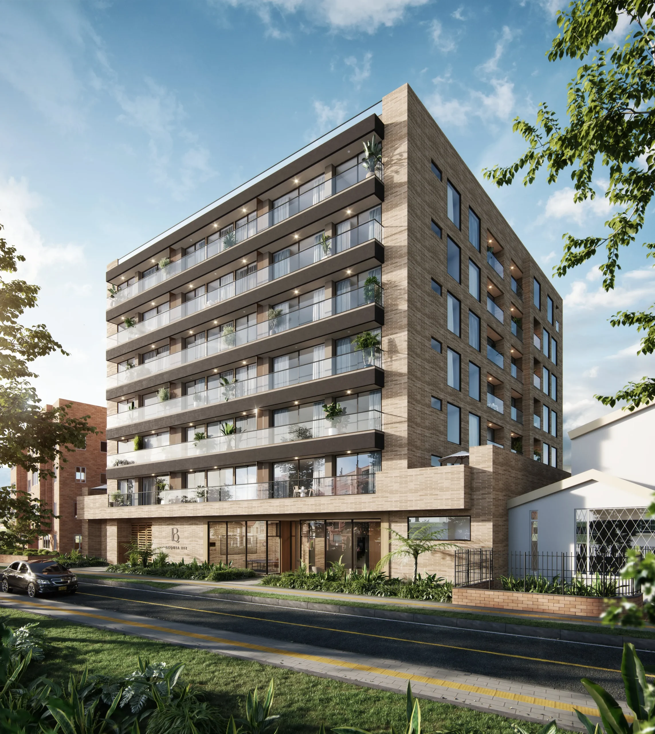 Render de fachada exterior BEQUIA 112 – Torre residencial en San Patricio, Bogotá